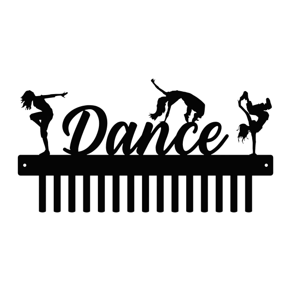 Black metal dance medal holder with the word 'Dance' cut out in the center. Above the word, three dancer silhouettes in different poses. Below, 15 hooks for hanging medals. Rectangular with mounting holes on either side.